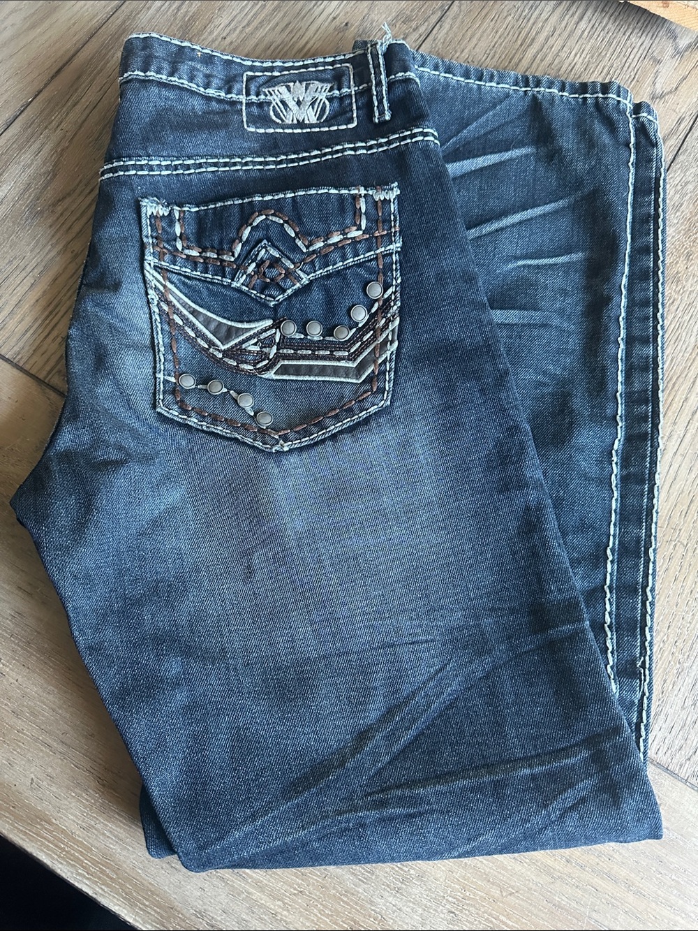 Vintage Brass Thick Stitch Slim Straight Jeans Y2K Flap Pocket Men’s 34x32